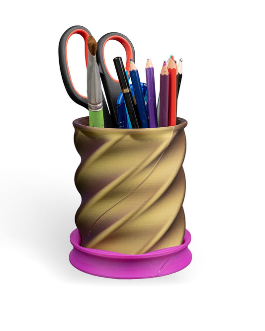 Twisted Cup Pen Holder Introducing the Twisted Cup Pen Holder, a unique and innovative way to keep your writing instruments organized and within easy reach. This clever pen holder features a twisted base that allows you to rotate the cup 360 degrees, maki